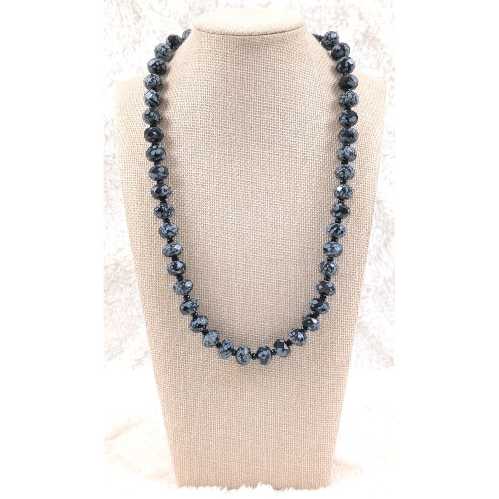 Snowflake Obsidian Faceted Bead Necklace Black Gray Rondelle Silver Tone